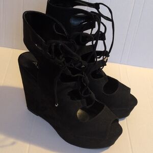Aldo Black Lace-Up Peep-Toe Wedge Sandals